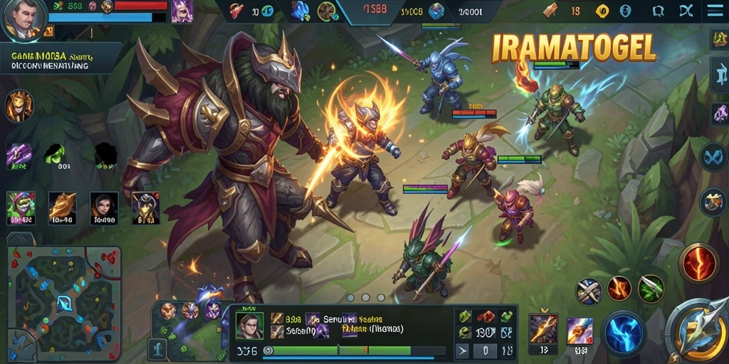 Gameplay epik di arena pertarungan MOBA IRAMATOGEL.