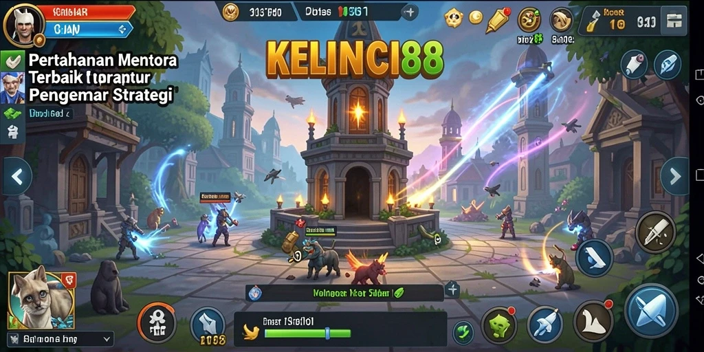 Tampilan gameplay seru KELINCI88 dalam mempertahankan menara dari serangan musuh.