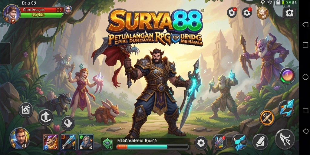 Tangkapan layar dari gameplay SURYA88 dengan karakter bertempur di latar belakang yang indah.