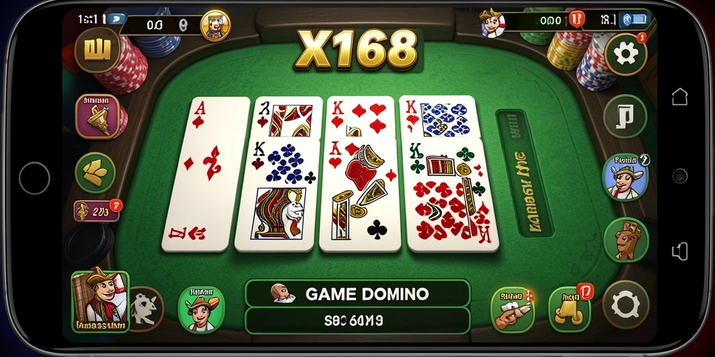 Tampilan gameplay seru dalam X168 dengan pemain dan kartu Domino.